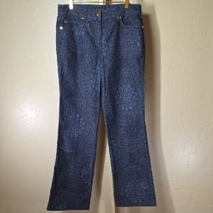 Escada Blue Bootcut Jeans Pretty Hippie Flower Pattern Gold "E" Button/Rivets